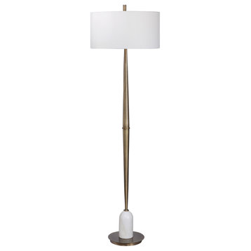 Slim Minimalist Mid Century Modern Floor Lamp, Gold Brass White Marble Classic