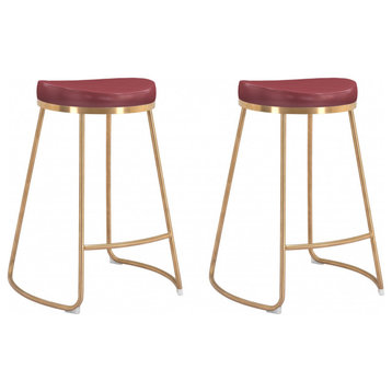 Set of Two Burgundy and Gold Modern Glam Geo Backless Counter Stools