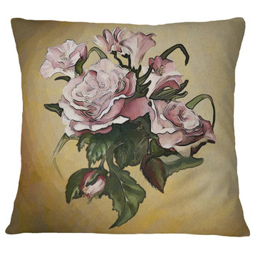 Pink Rose With Leaves Watercolor Floral Throw Pillow, 18"x18"
