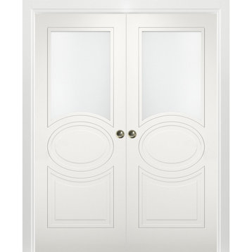 Sliding Double Pocket Doors Opaque Glass / Mela 7012 Matte White, 84" X 84" ( 2* 42x84)