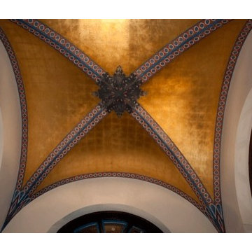 Gold leaf groining vault ceiling with hand painted stencil