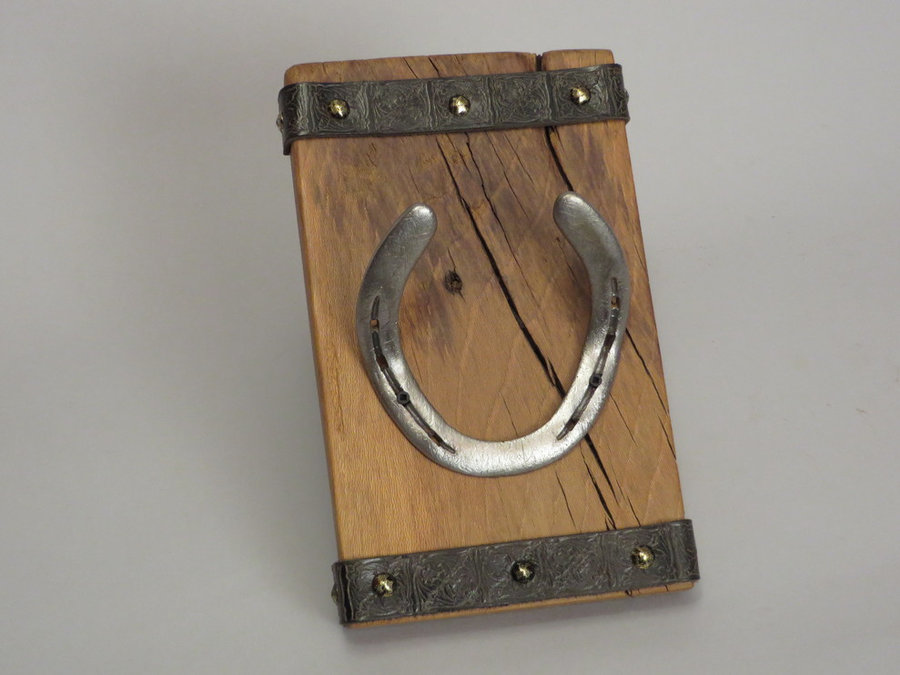 #R15022 Coat Rack Reclaimed Beech, horseshoes, leather.