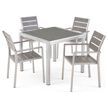 Gaven Outdoor Modern Aluminum 4 Seater Dining Set With Faux Wood Seats, Gray/Sil
