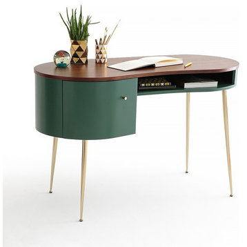 Mid Century Green Curved Office Desk Computer Desk with Shelves & Storage Gold