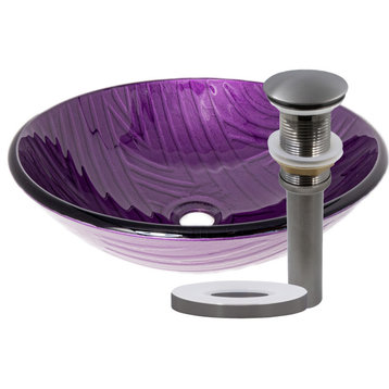 Viola Hand Painted Purple Glass Bathroom Vessel Sink with Drain, Gunmetal