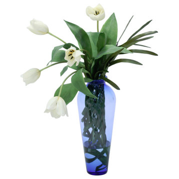 White Tulips Wrapped in Woven Blades in Tall Blue Vase