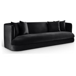 Meridian Furniture - Alder Upholstered Chair, Black, Velvet, Sofa - The Alder black velvet upholstered sofa is an invitation to relax. Its rounded silhouette and soft velvet upholstery create a cozy and inviting space, perfect for lounging. Whether you're hosting guests or enjoying a quiet moment, this sofa is the ideal centerpiece for any living room.