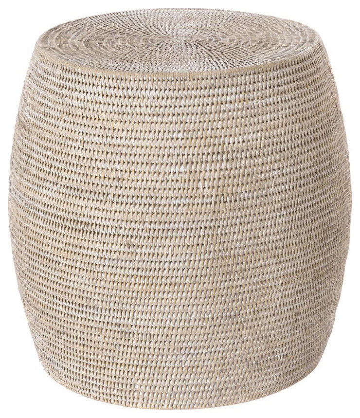 Laguna Round Rattan Stool/Side Table, Handwoven, White Wash, White-Wash