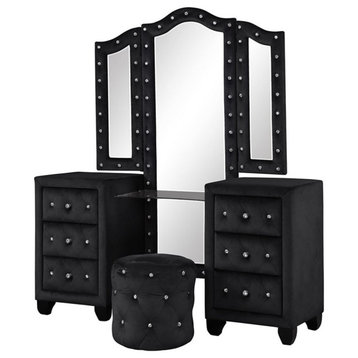 Sophia Crystal Tufted Vanity Set finished with Wood in Black