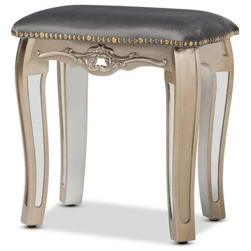 Glam and Luxe Grey Velvet Fabric Upholstered Silver Finished Wood Ottoman Stool