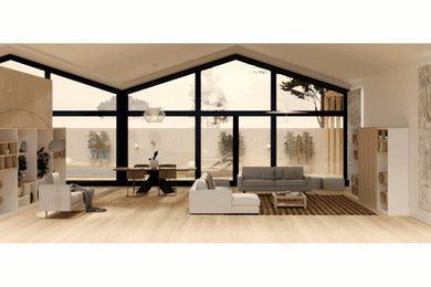 Ejemplo de salón abierto y beige y blanco exótico grande con paredes beige, suelo laminado, televisor retractable y suelo beige