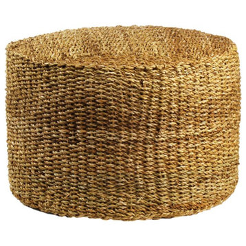 Round Woven Seagrass Curved Pouf Natural Fibers Coastal Cottage Ottoman Table