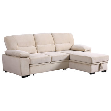 Kipling Velvet Fabric Reversible Sleeper Sectional Sofa Chaise, Beige