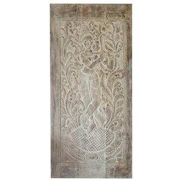 Consigned Vintage Whitewashed Krishna Wall Art Artistic Temple Door