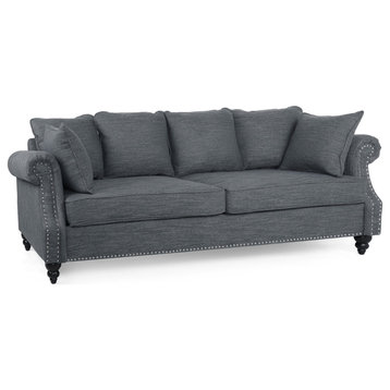 Contemporary Sofa, Pillowed Back & Unique Rolled Arms With Nailhead, Charcoal