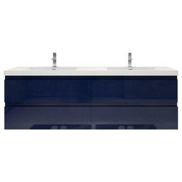 MOB 72" Double Sink Wall Mounted Vanity With Acrylic Sink, High Gloss Night Blue