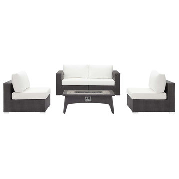 Modern Outdoor Sofa, Chair and Coffee Table Fire Pit Set, Fabric Rattan, White