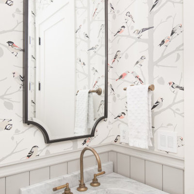 Transitional wall paneling, wainscoting and wallpaper powder room photo in Austin with flat-panel cabinets, gray cabinets, multicolored walls, an undermount sink, marble countertops, multicolored countertops and a built-in vanity
