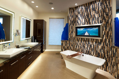Inspiration for a large contemporary master bathroom in Other with flat-panel cabinets, dark wood cabinets, a freestanding tub, an alcove shower, beige tile, ceramic tile, beige walls, ceramic floors, a drop-in sink, granite benchtops, beige floor and an open shower.