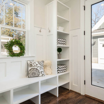 Adding bench storage and open shelving at mudroom