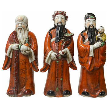 Chinese Distressed Orange Color Fengshui Fok Lok Shao Figure Set Hws1788
