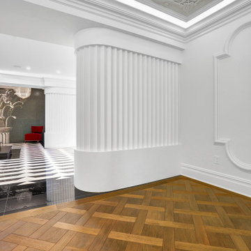 Hallway with Herringbone Parquet Floor & Ornate Plaster Molding – Historic Renov