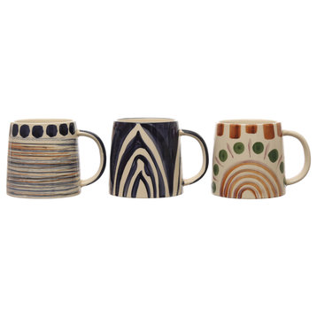 4.25 Inches Stoneware Mug With Geometric Pattern Prints, Multicolor, Set of 3