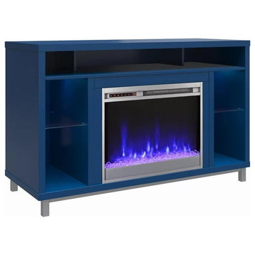 Modern TV Stand, Center Fireplace With Glass Shelves & Upper Compartments, Navy