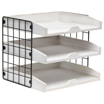 Home Office Wood Desk Organizer Mail Letter Tray With 3 Shelves, White Wash