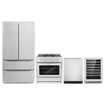 4-Piece, 36" Range, 24" Dishwasher, Refrigerator and 48 Bottle Wine Cooler