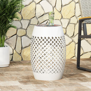Vivaan Outdoor Lace Cut Side Table With Tile Top, White/Multi-Color
