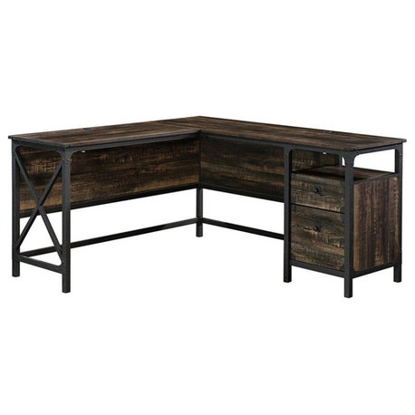 Pemberly Row L Shape Corner Desk in Rustic Carbon Oak and Black