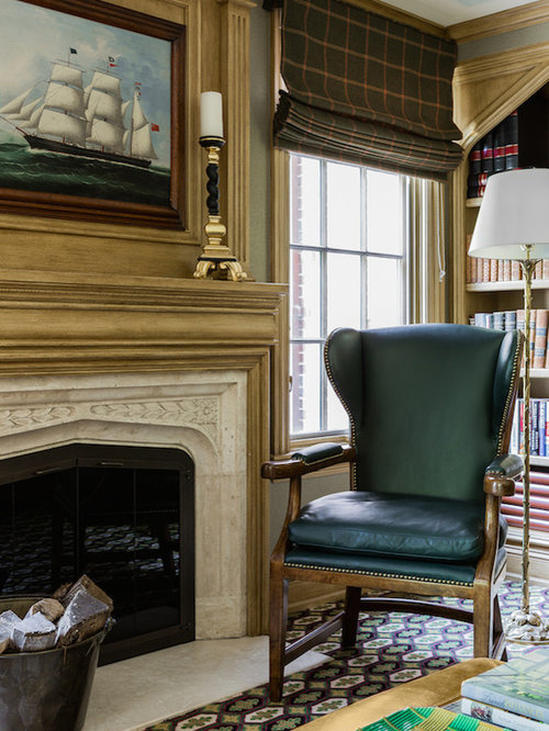 Arbeitszimmer mit Kaminsims aus Stein und Studio Ideen, Design & Bilder