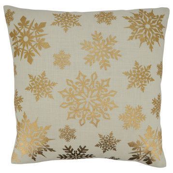 Foil Print Pillow Cover With Snowflake Design, 20"x20", Gold
