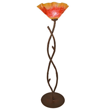 Wrought Iron South Fork Branch Torchiere Floor Lamp With Glass Shade