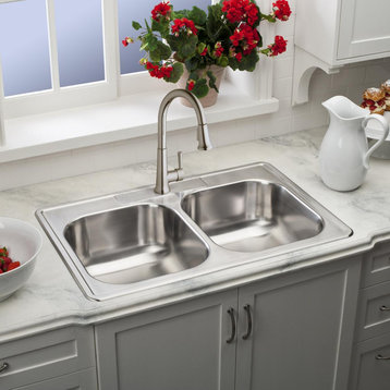 DSE233221 Dayton Stainless Steel 33" x 22" Double Bowl Drop-in Sink, 1 Hole