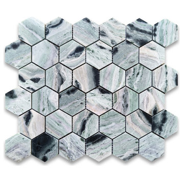Sagano Vibrant Green Marble 2 inch Hexagon Mosaic Tile Honed, 1 sheet