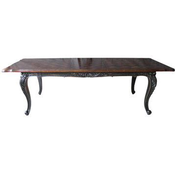 Dining Table Extendable Carved Antiqued Blackwash Parquet Top French