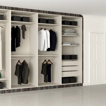 Modern Walk-in Wardrobe with Wooden Hinged Doors Supplied by Inspired Elements