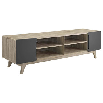 Mid-Century TV Stand, Two Tone Design With Cabinets & Shelves, 70" Natural Grey