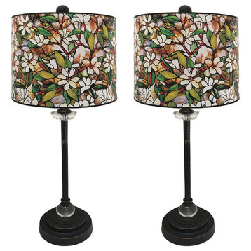 28" Crystal Lamp With Magnolia Stained Glass Shade, Oil Rubbed Bronze, Set of 2