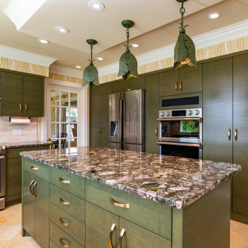 Modern Kitchen with Horizontal Grain Green Cabinets