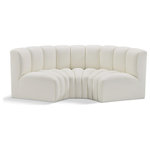 Meridian Furniture - Arc Vegan Leather Upholstered 3-Pc. Inward Curved Modular Sectional, Cream - Unleash modern opulence with the Arc Vegan Leather 3pc. Sectional. Crafted for the modern connoisseur, this Sectional injects an air of refined luxury into any space. Its sleek silhouette, upholstered in supple cream vegan leather, exudes timeless sophistication while the deep channel tufting adds textural intrigue, further elevating the chair's visual appeal. The modular design makes it a versatile chameleon, effortlessly adapting to your evolving needs and preferences. Whether you envision it gracing a chic living room corner, basking in the glow of a bedroom window, or adding a touch of drama to a home office, the Arc seamlessly complements your unique interior aesthetic.