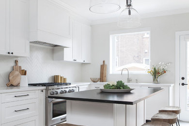 Example of a small transitional l-shaped light wood floor and brown floor kitchen pantry design in Toronto with a double-bowl sink, recessed-panel cabinets, white cabinets, soapstone countertops, white backsplash, porcelain backsplash, stainless steel appliances, an island and black countertops