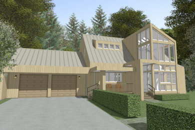 Foto de fachada de casa gris actual de tamaño medio de dos plantas con revestimiento de madera, tejado de metal y panel y listón