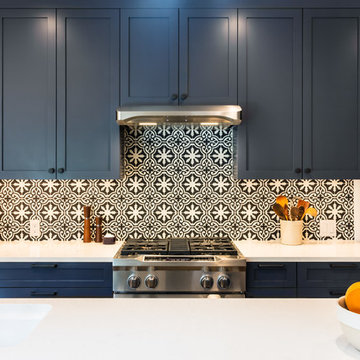 Cement Tile Backsplash and Deep Navy Cabinetry Kitchen