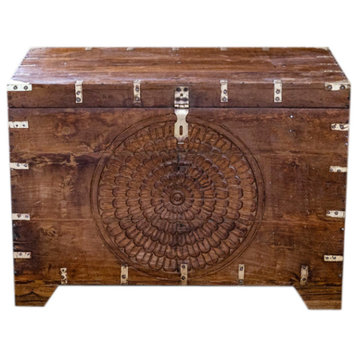 Consigned Antique Indian Hope Chest, Bridal Trunk, Mandala Carved Dowry Chest