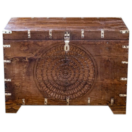 Consigned Antique Indian Hope Chest, Bridal Trunk, Mandala Carved Dowry Chest