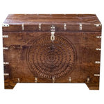 Mogul Interior - Consigned Antique Indian Hope Chest Bridal Trunk Mandala Carved Dowry Chest - Antique Indian Hope Chest, Authentic Bridal Trunk, Mandala Carved Dowry Chest, Decorative Storage Chest, Indian Traditional Accent Trunk,Unique Eclectic Interior This beautiful Antique whitewash Blanket Chest brings the charm of the 19th century Spice Route into your home. Handcrafted by artisans from reclaimed teak wood with striking details, including worn white paint, iron squares on the front, iron clasp , and ball feet, a beautiful unique piece for your living room or bedroom. Use as a coffee table or for a stylish storage option at the foot of your bed. The Pitara Chest is a practical and stylish addition to any modern home. The lid lifts to reveal a spacious interior, perfect for storing blankets, pillows, and other items. When closed, the chest serves as a compact accent coffee table with a size perfect for any living room. Make the most of your space with this multifunctional storage solution.