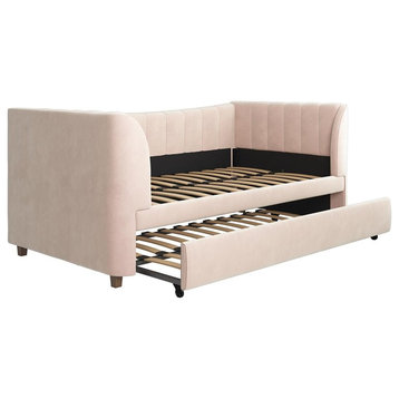 Little Seeds Valentina Upholstered Twin Daybed with Trundle in Pink Velvet